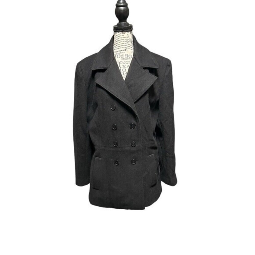 Black Pea Coat Designer Double Breasted Jacket Pockets Long Sleeve Medi…